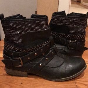 Black ankle booties with rhinestones